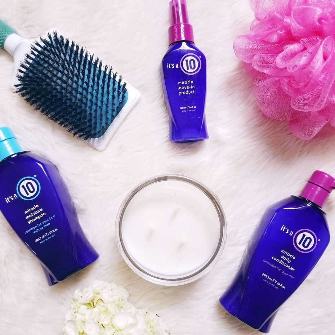 It's a 10 Haircare Miracle Daily Conditioner on bathroom shelf in a routine setting