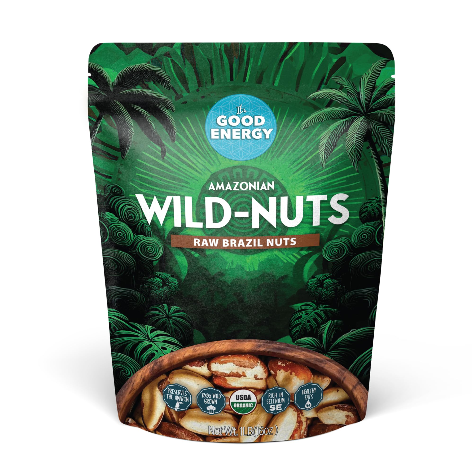 It's Good Energy Brazil Wild Nuts packaging highlights 100% wild-grown nuts for a clean snack.