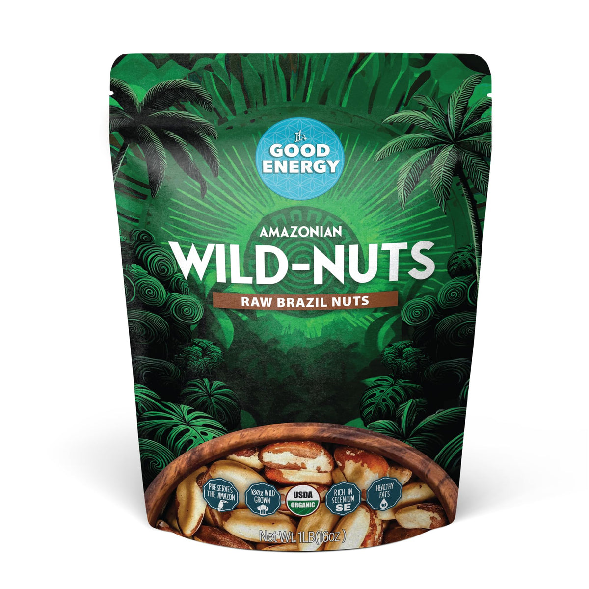 It's Good Energy Brazil Wild Nuts packaging highlights 100% wild-grown nuts for a clean snack.