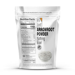 It's Just Arrowroot Powder stand-up pouch showing resealable package for long shelf life.