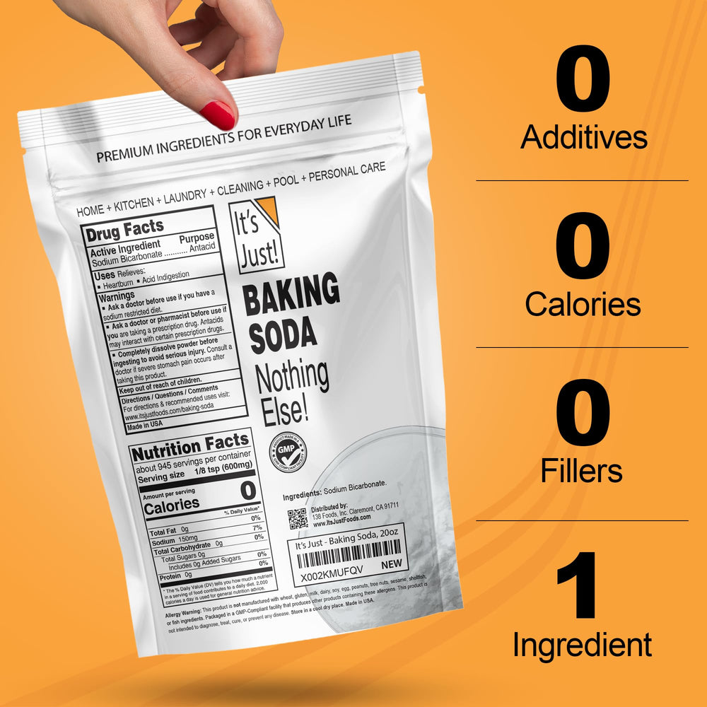 It's Just! Baking Soda cleaning shot shows tough stain removal and deodorizing potential.