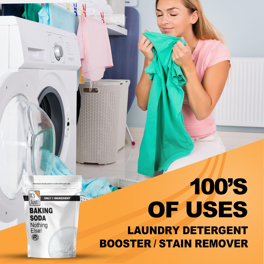It's Just! Baking Soda on sink and counter demonstrates cleaning and deodorizing.