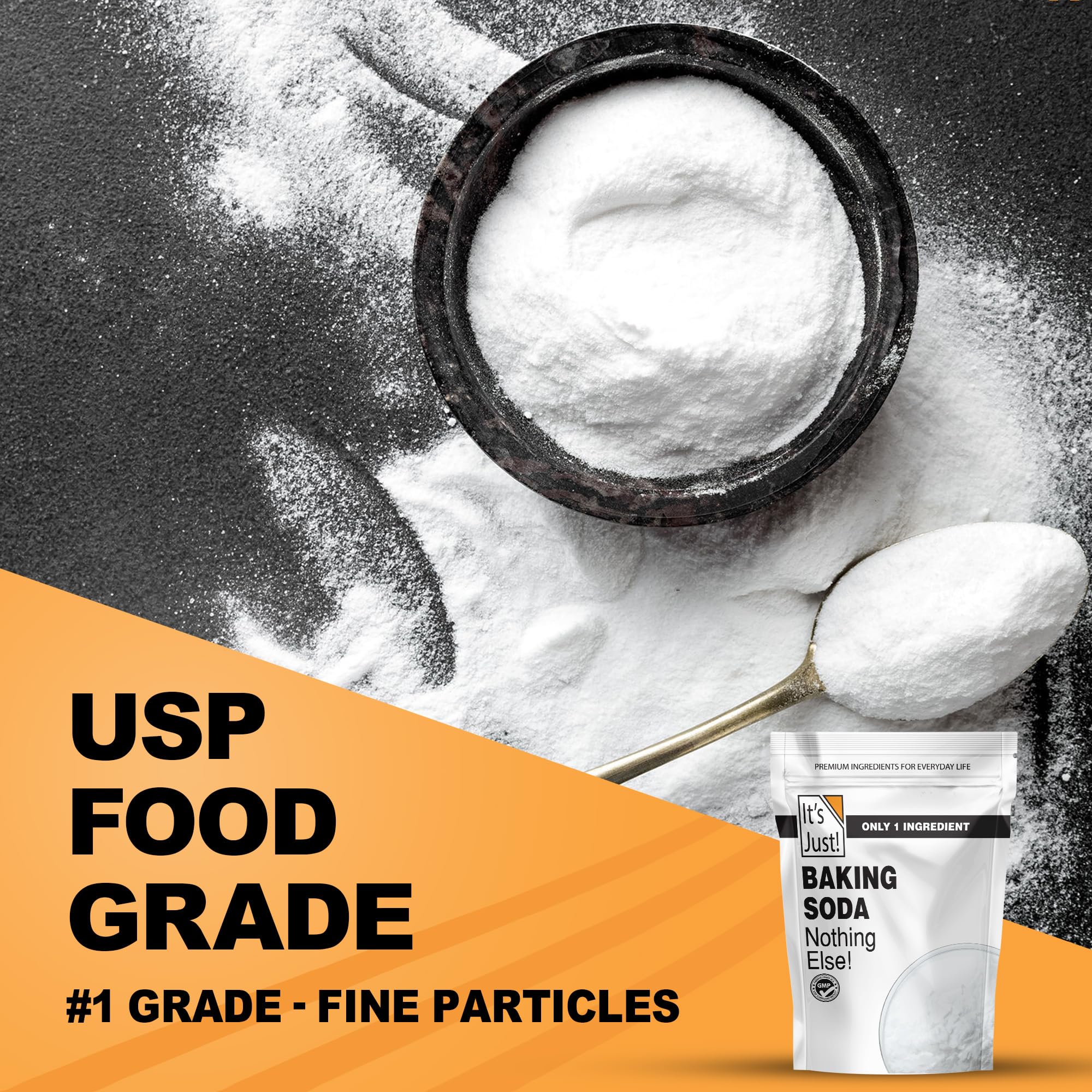 It's Just! Baking Soda food-grade label highlights safe, gluten-free option for everyday cooking tasks.