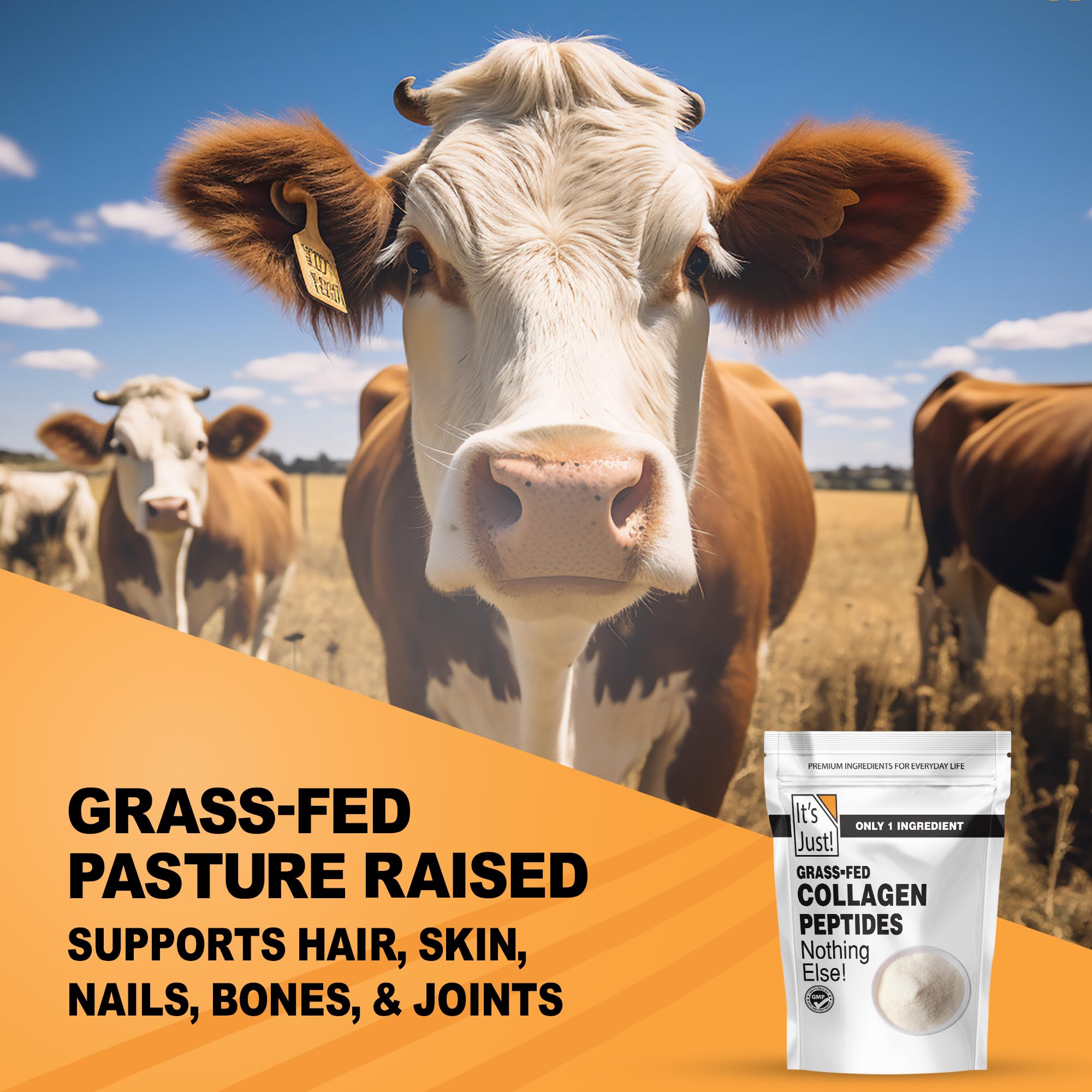 It's Just! Collagen Peptides open jar label showing unflavored powder blends into recipes.