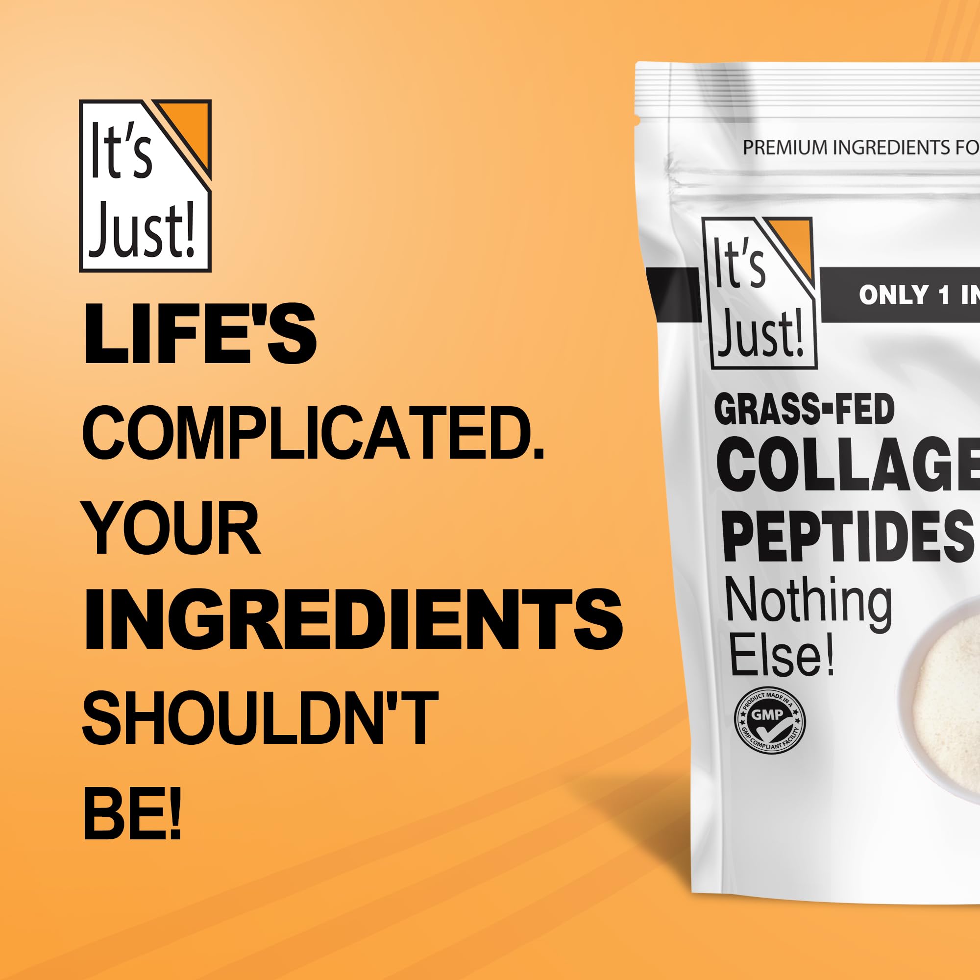 It's Just! Collagen Peptides packaging showing a 20oz size for consistent supply.