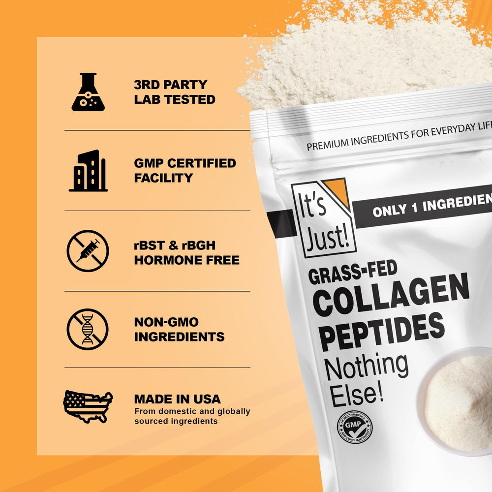It's Just! Collagen Peptides third-party lab badge indicating heavy metal testing for safety.