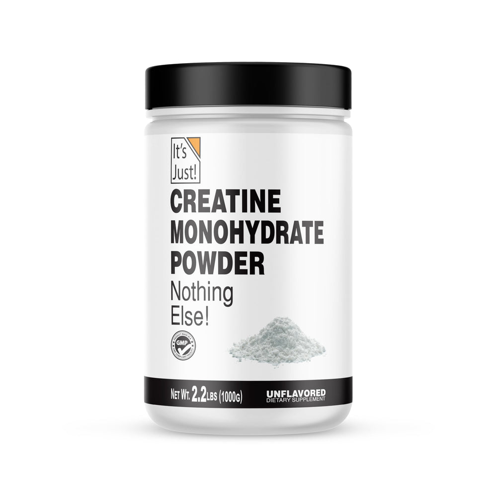 It's Just! Creatine Monohydrate powder in a 1kg bottle for long-lasting workouts.