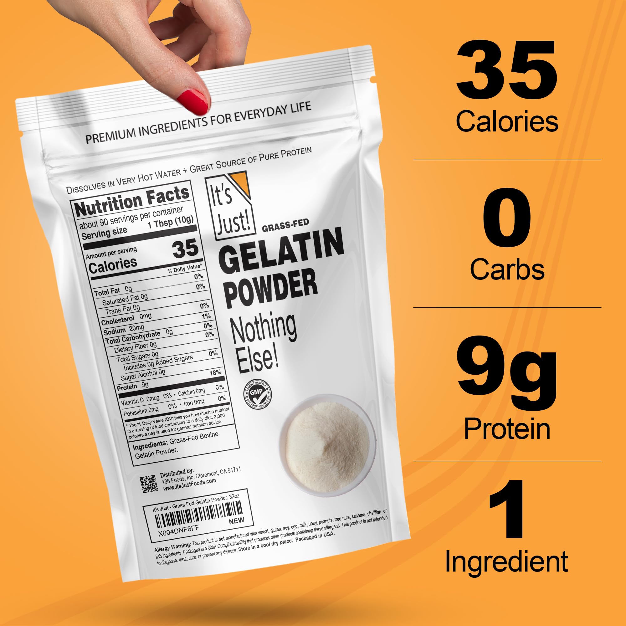 Its Just gelatin powder ingredient label highlights grass-fed beef origin.
