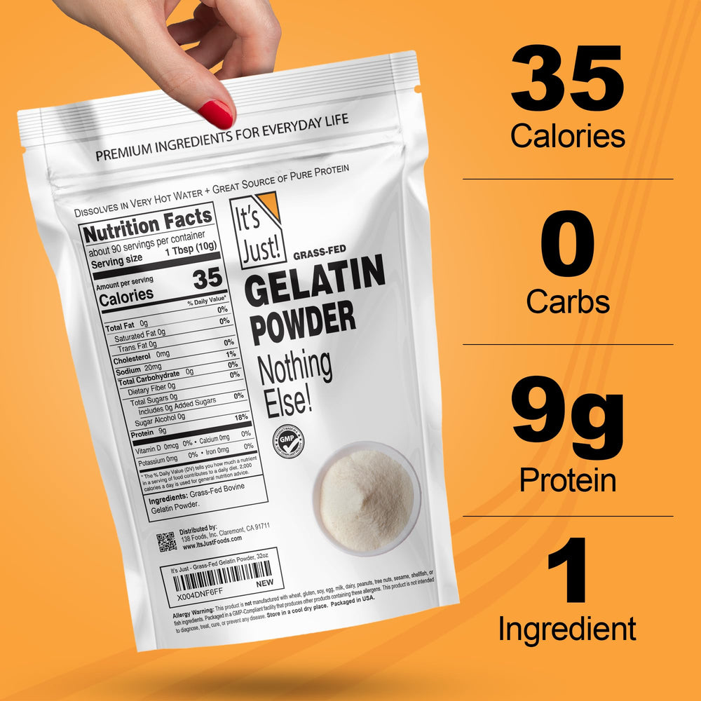Its Just gelatin powder ingredient label highlights grass-fed beef origin.