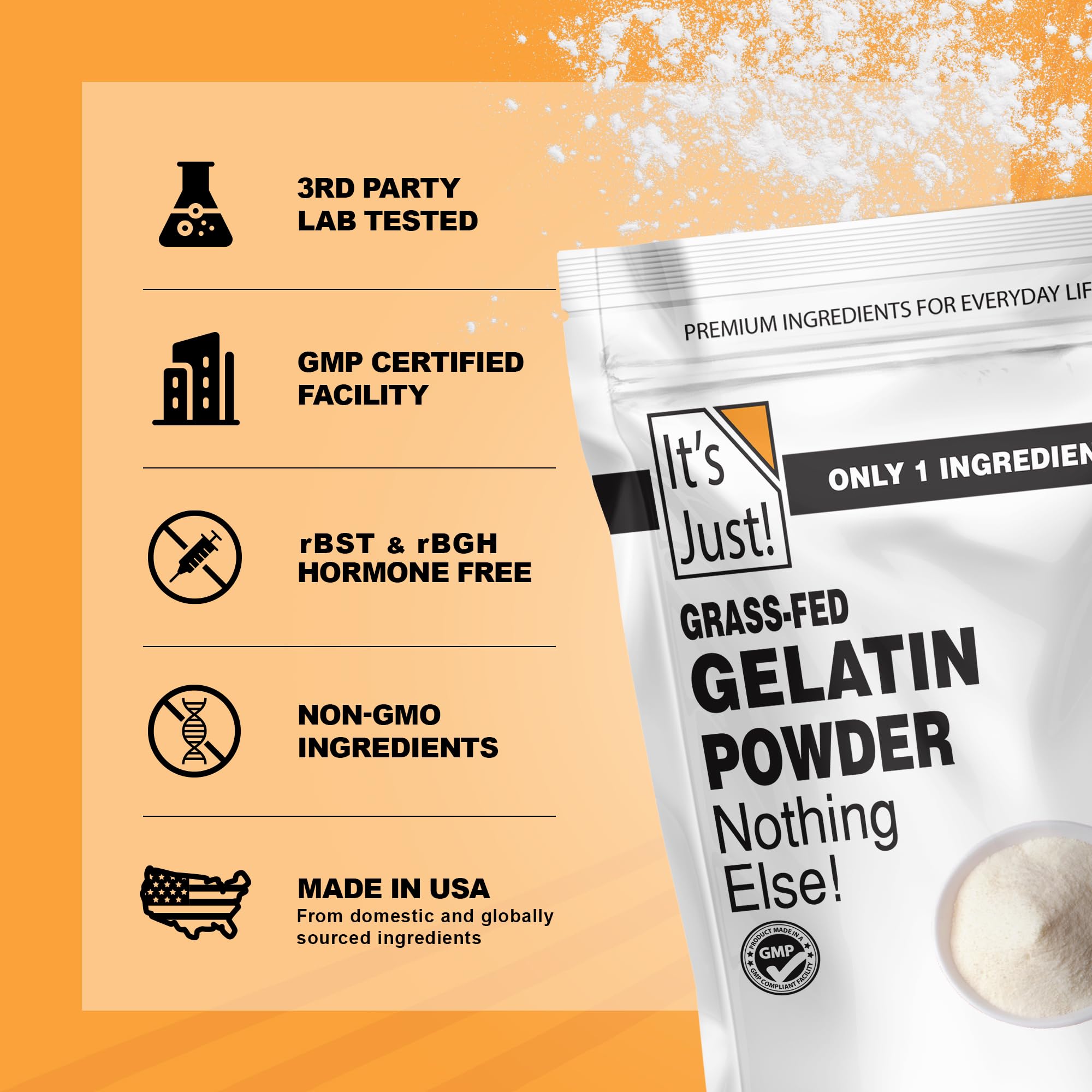 Its Just gelatin powder lab testing confirms safety and gluten-free status.