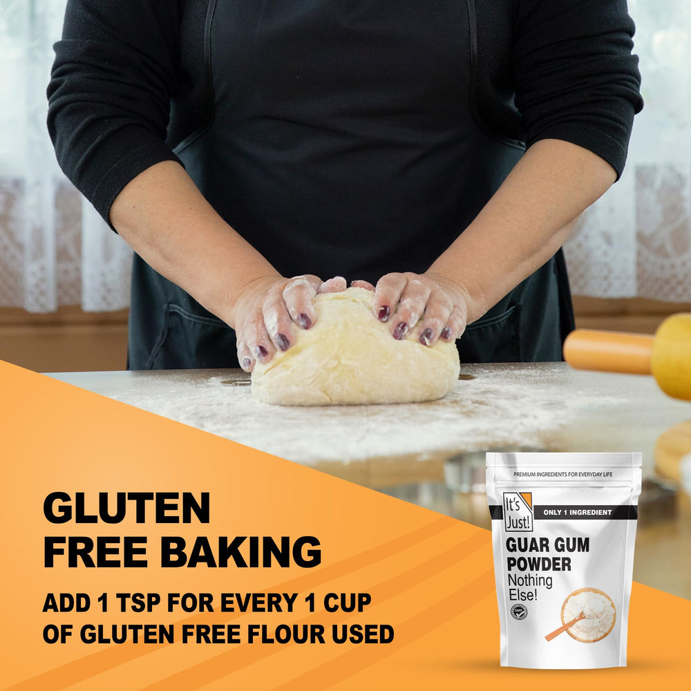 It's Just! Guar Gum packaging front, versatile gluten-free thickener for baking and keto dishes.