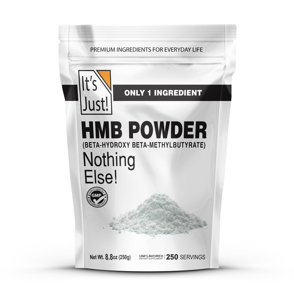 It's Just! HMB powder bottle front—clean label signals quality and potential muscle support.