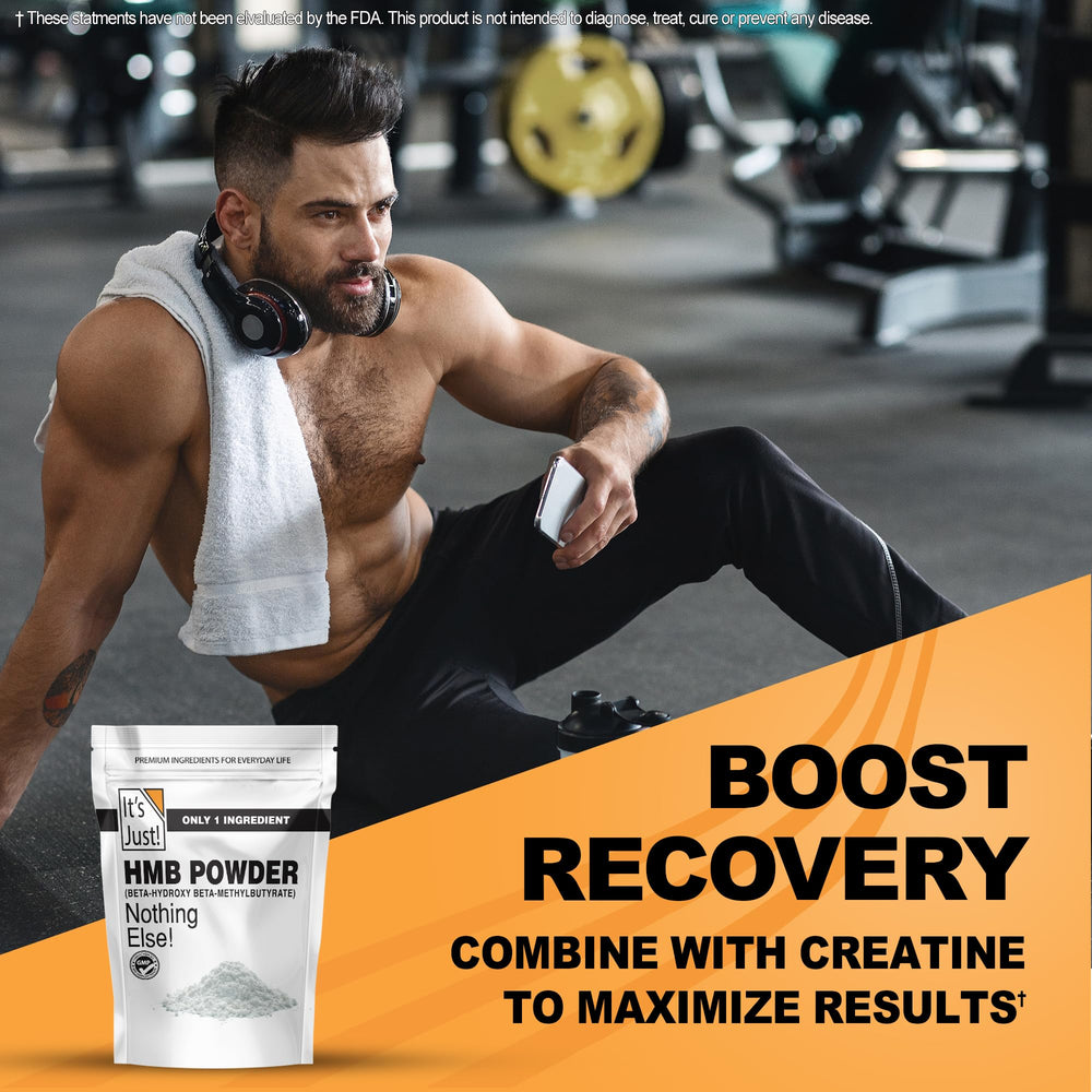 It's Just! HMB powder box shows gluten-free and non-GMO certifications.