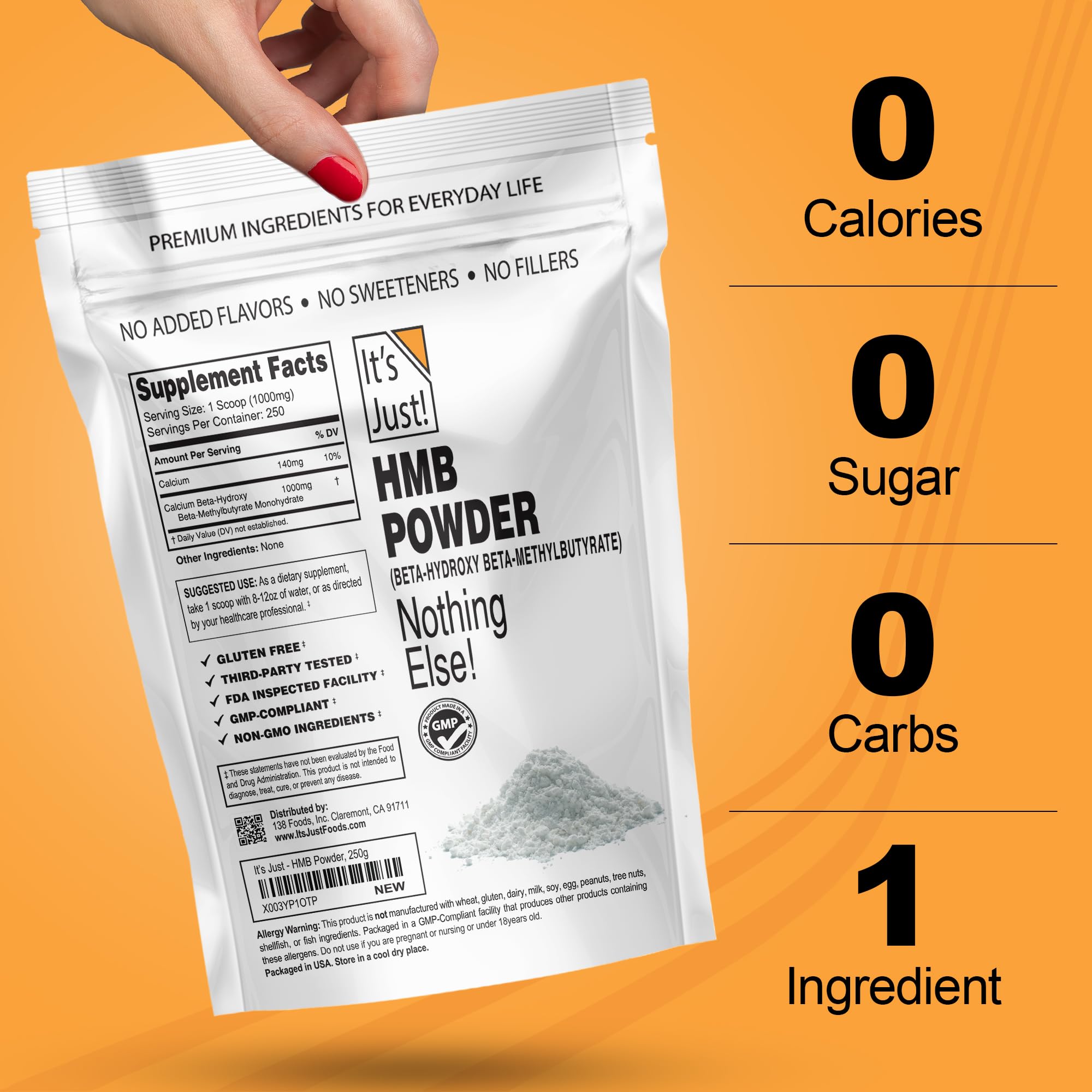 It's Just! HMB powder jar close-up—unflavored formula for versatile mixing.