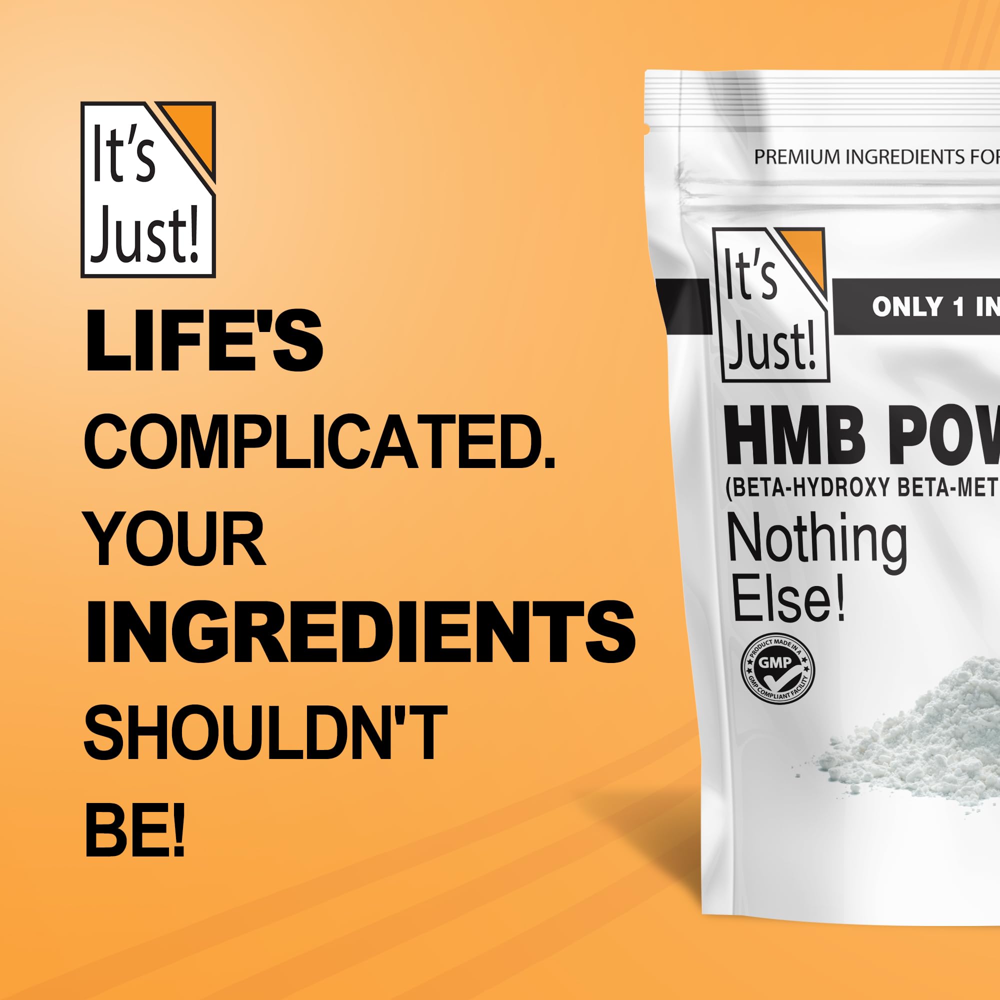 It's Just! HMB powder jar label highlights calcium HMB form.