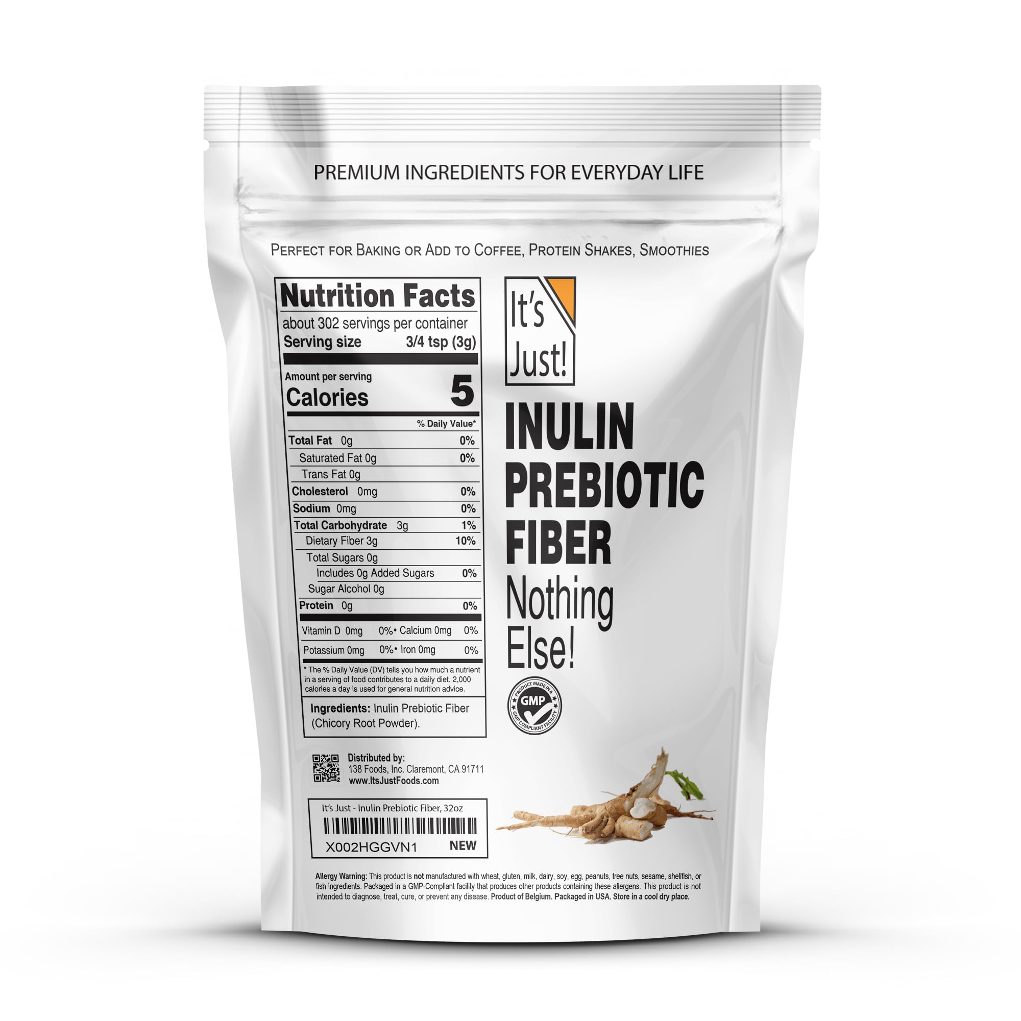 It's Just! Chicory root powder with a measuring scoop for easy daily use.