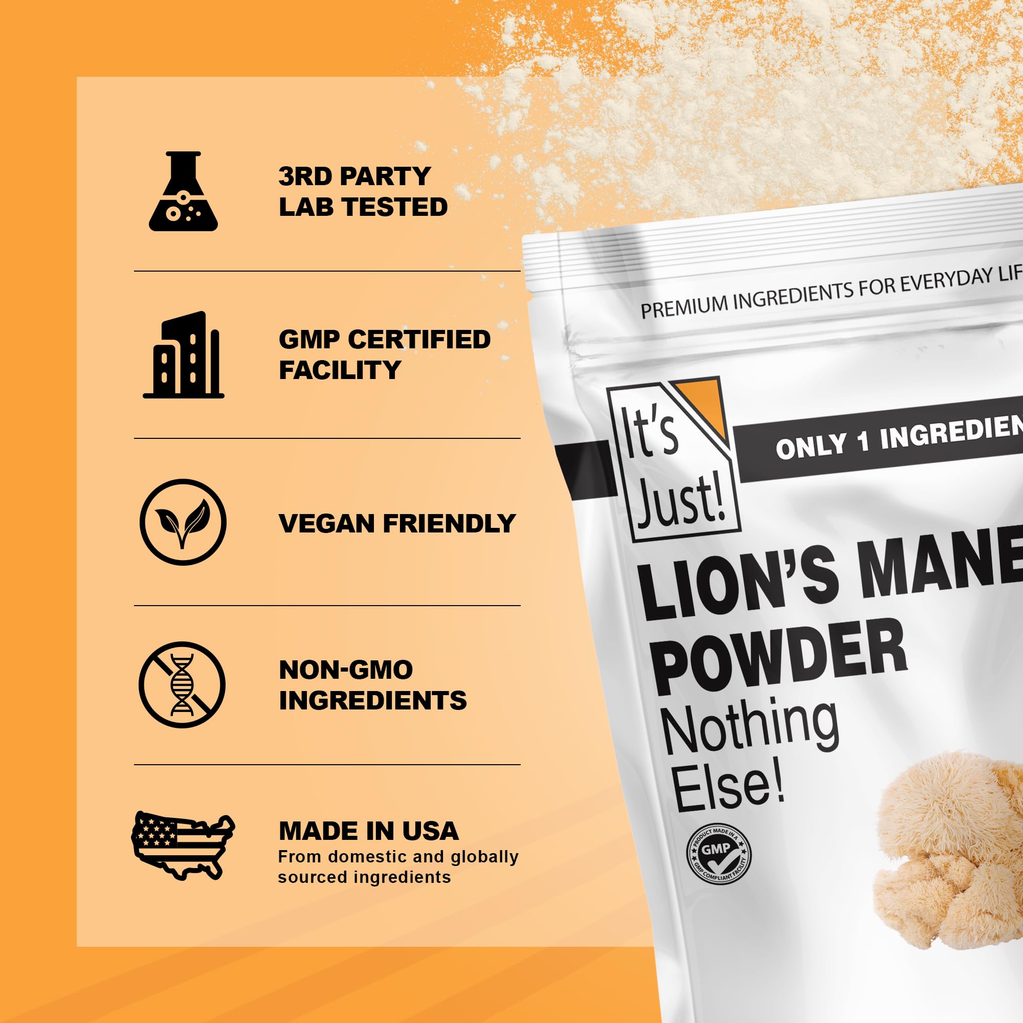 Its Just! Lion's Mane powder stirred into coffee for focus.