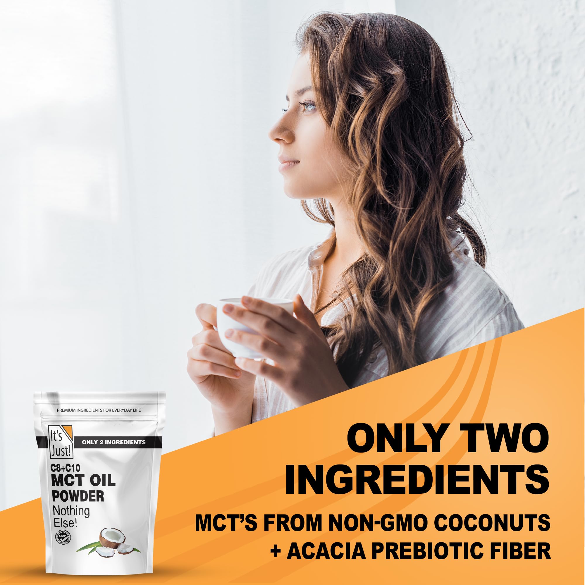 It's Just! MCT Oil Powder acacia fiber closeup emphasizes gut-friendly prebiotic blend.