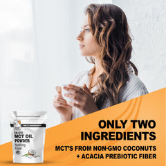 It's Just! MCT Oil Powder acacia fiber closeup emphasizes gut-friendly prebiotic blend.