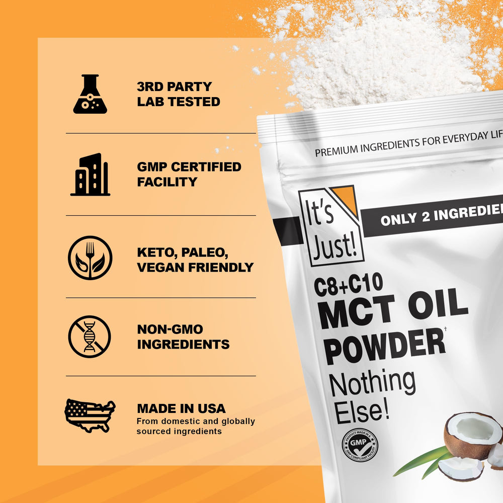 It's Just! MCT Oil Powder coconut origin label signals palm-free, non-GMO sourcing.