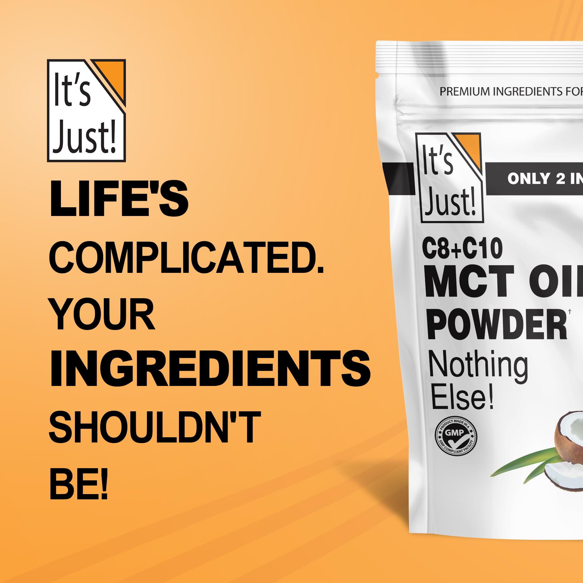 It's Just! MCT Oil Powder daily-use tray suggests versatile drink and recipe integration.