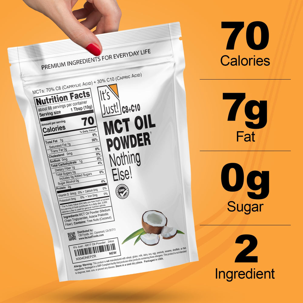 It's Just! MCT Oil Powder packaging GMP-certified highlights quality and safety.