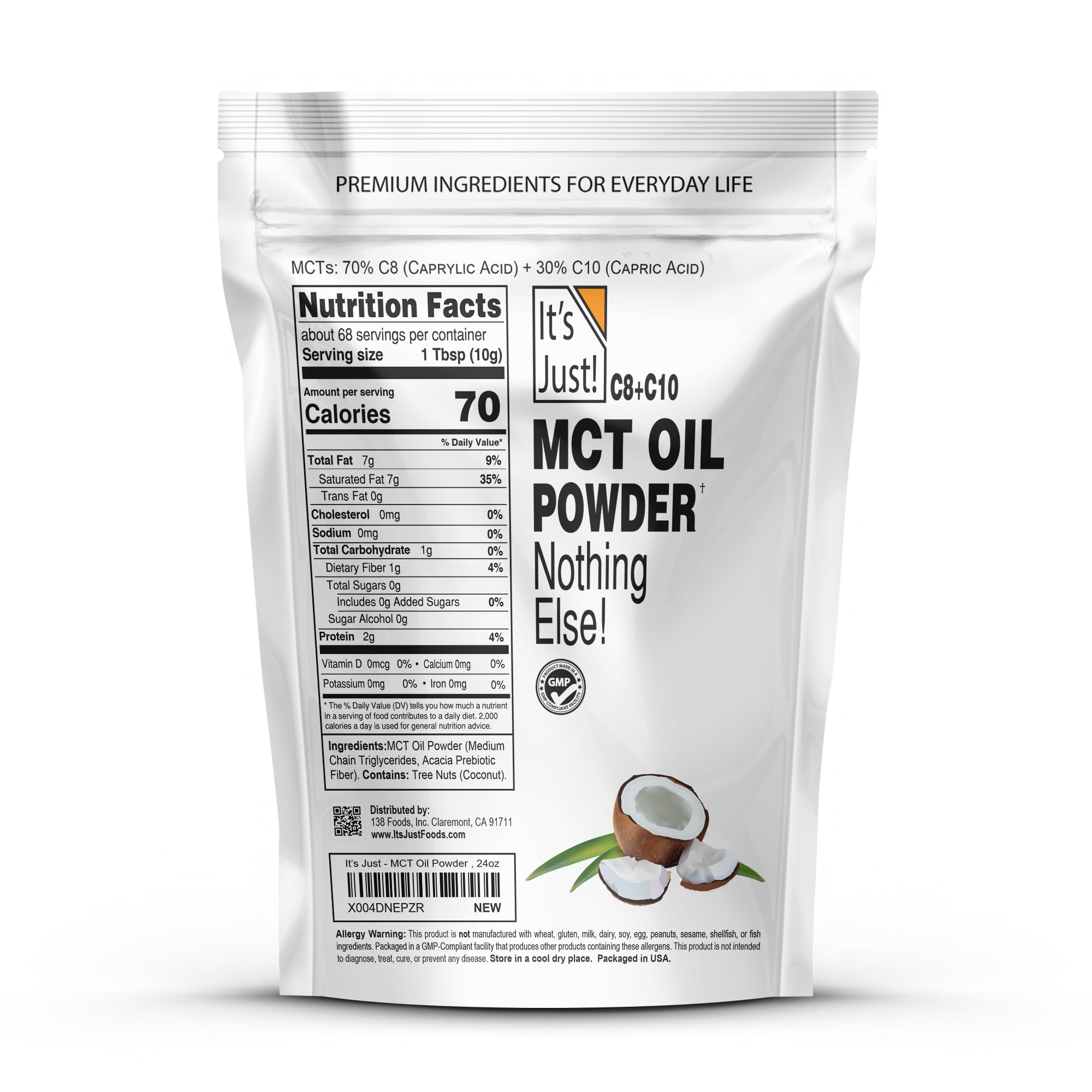 It's Just! MCT Oil Powder scoop-dispensing shows quick energy mix for workouts.