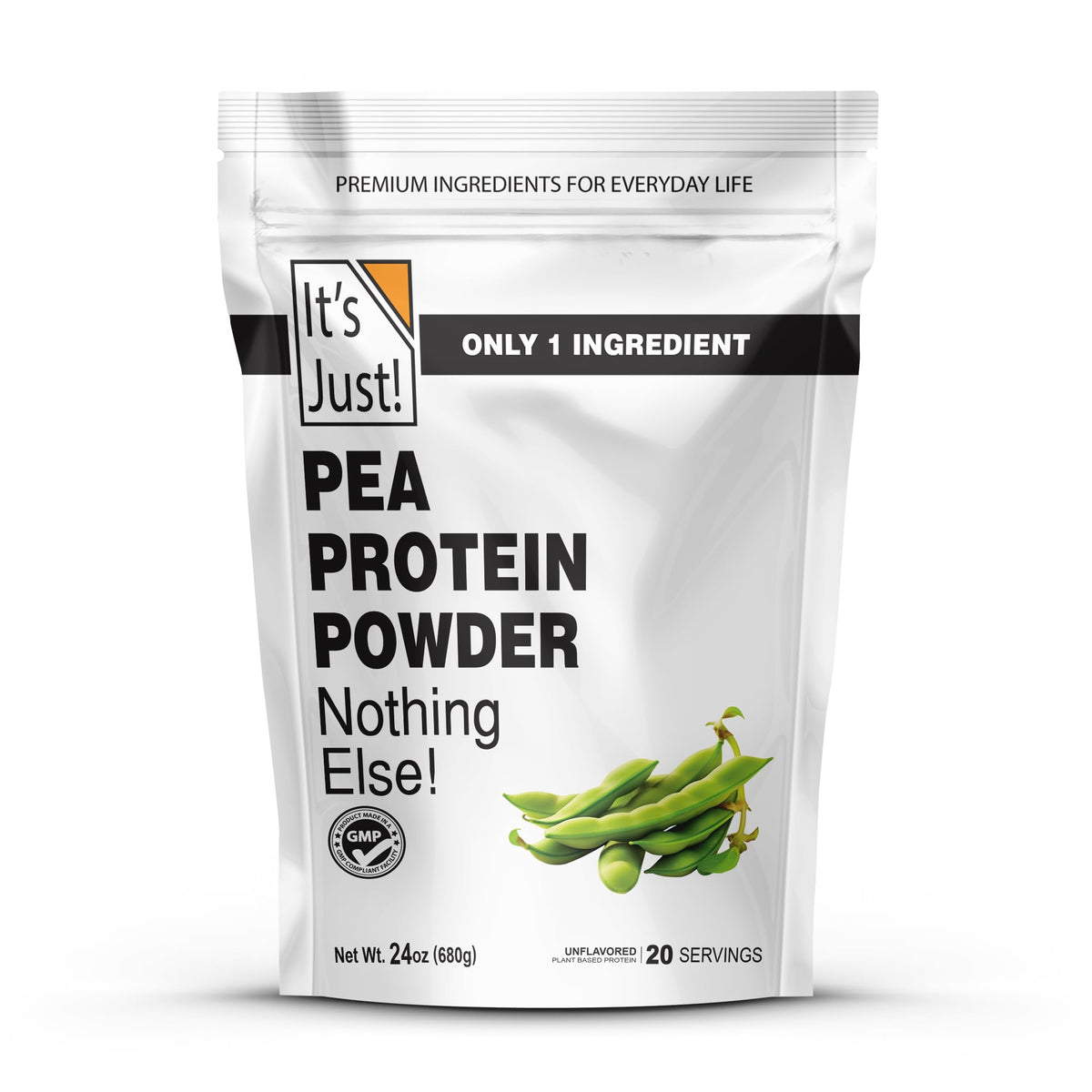 It's Just! Pea Protein Powder bottle on a kitchen counter, ideal for post-workout recovery.