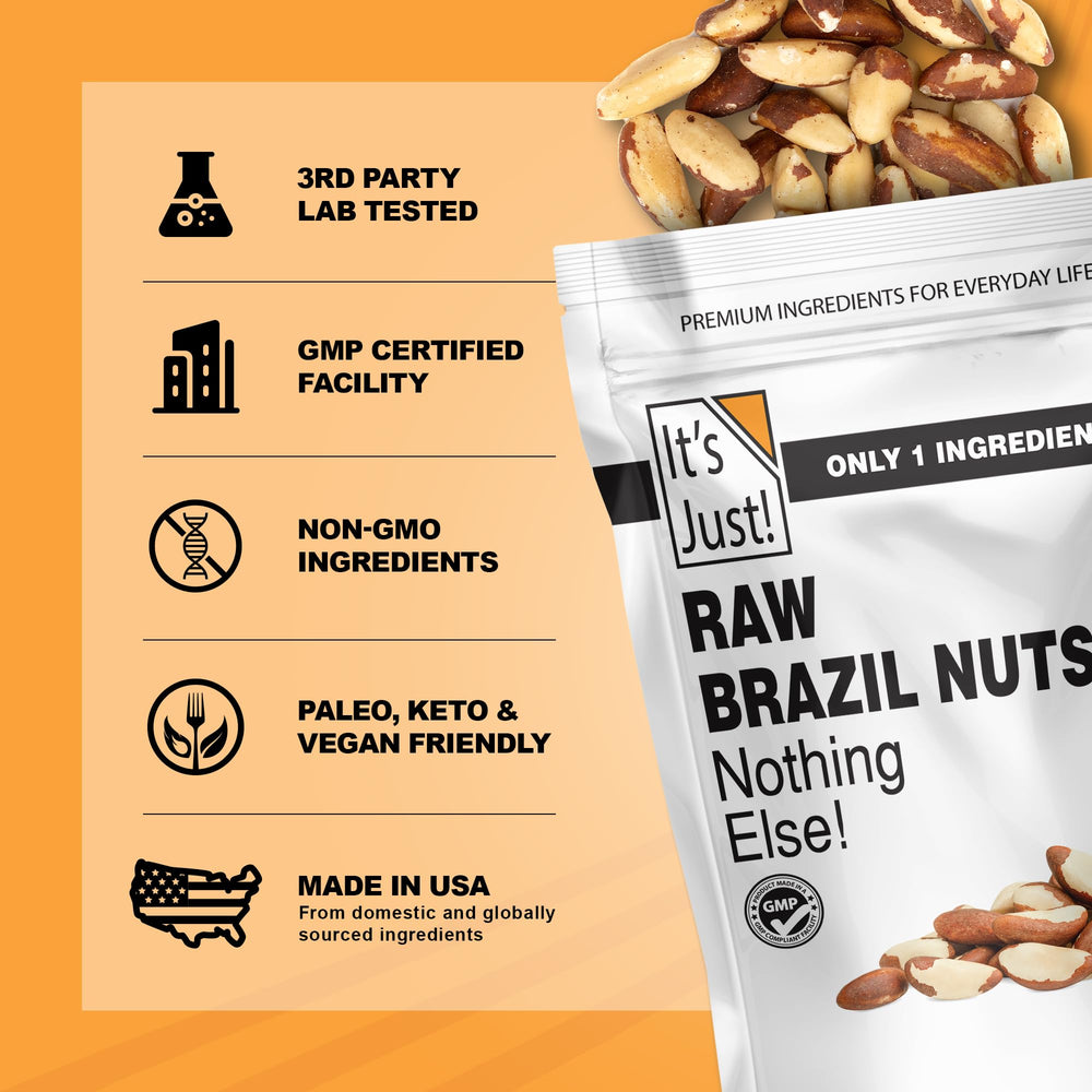It's Just! Raw Brazil Nuts nutrition facts highlighting selenium and vitamin E