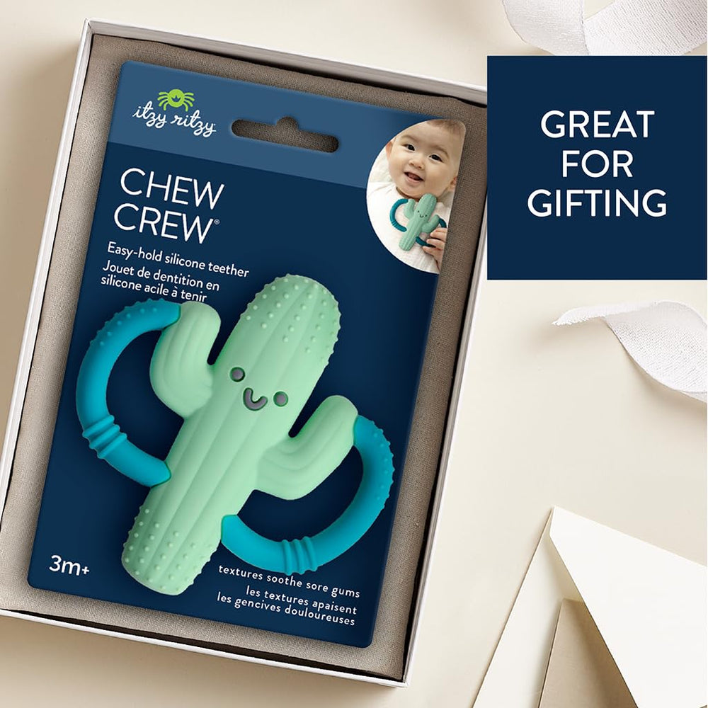 Itzy Ritzy cactus teether in-hand use for soothing teething moments.