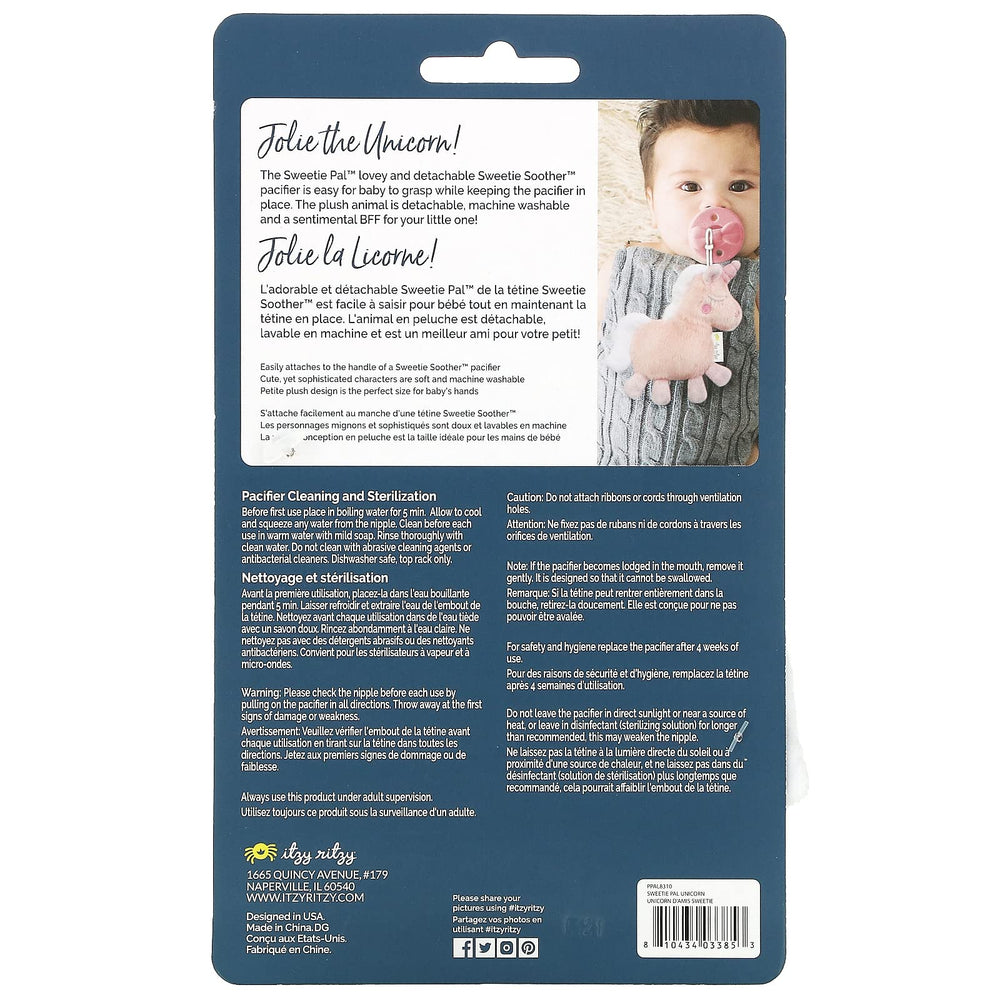 Itzy Ritzy detachable unicorn lovey attached to pacifier handle for flexible use.