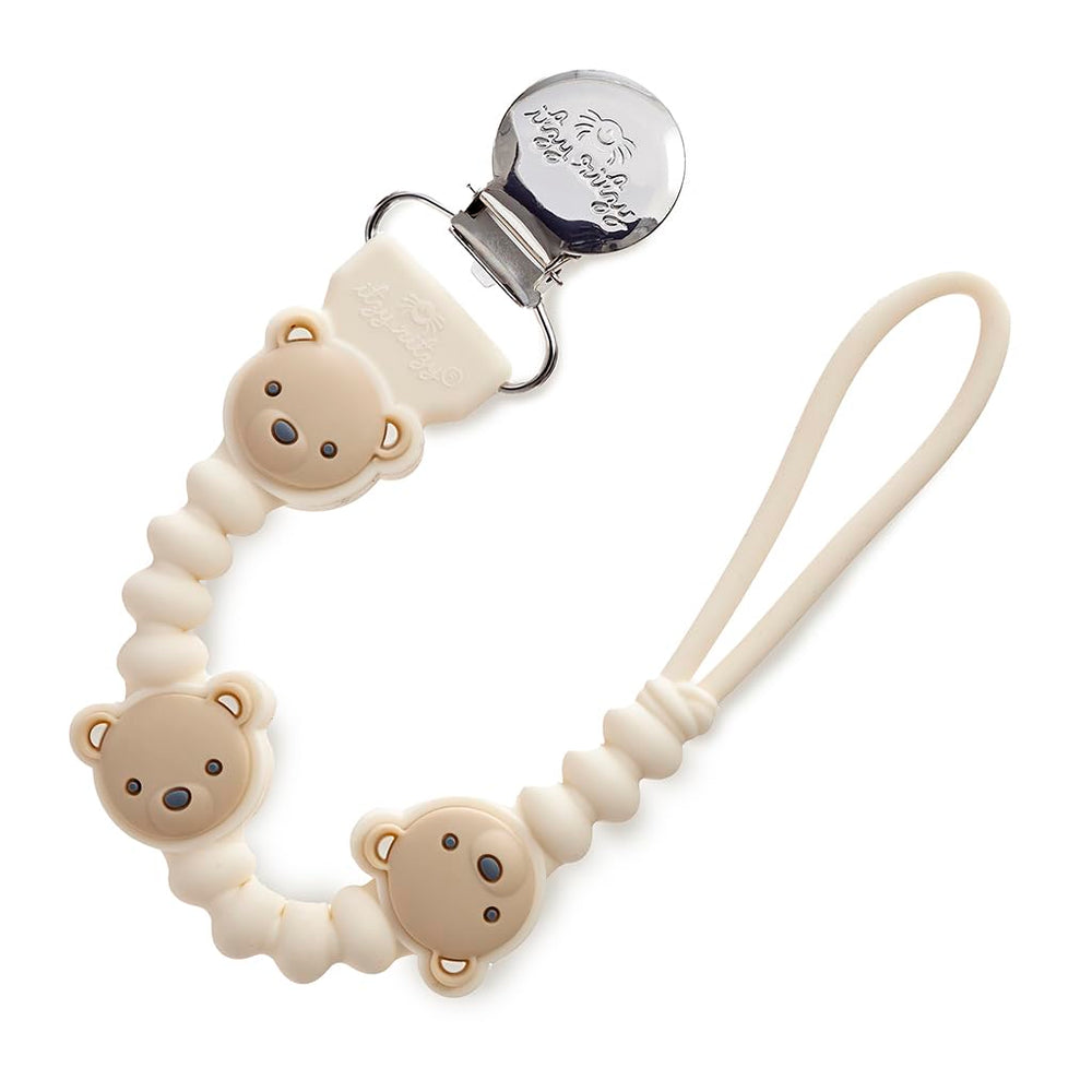 Itzy Ritzy silicone pacifier clip with bear design keeps pacifier within easy reach
