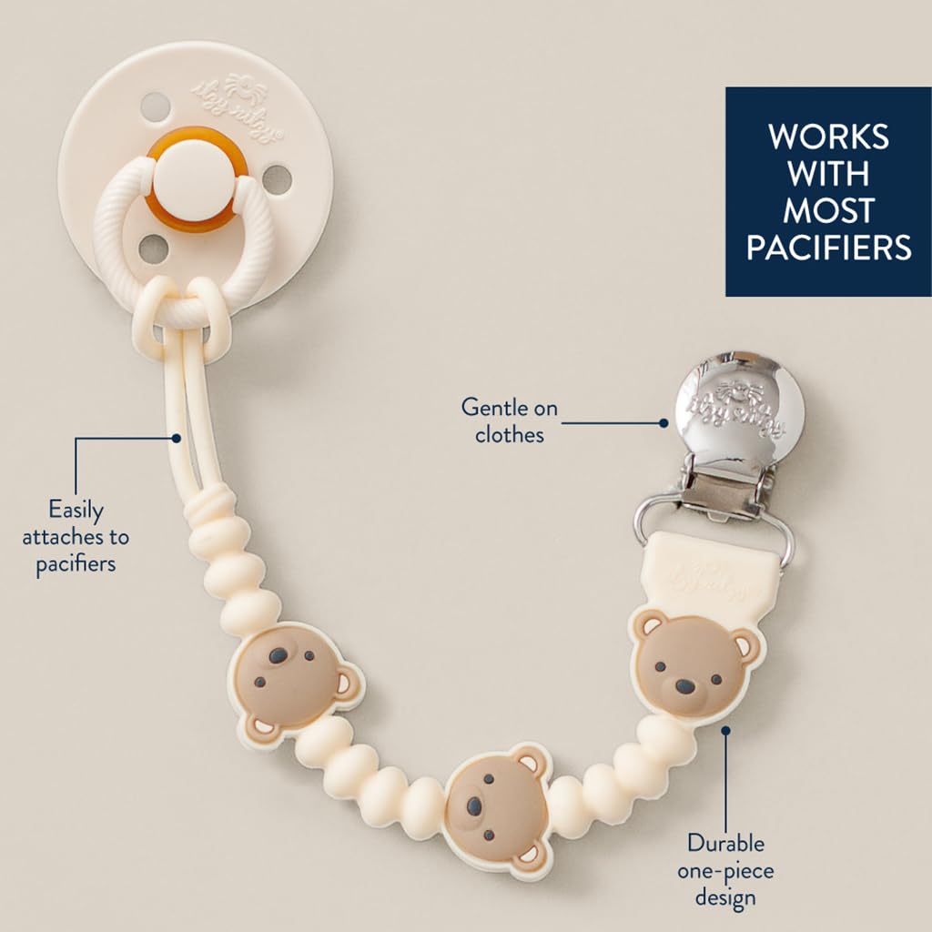 Close-up of Itzy Ritzy bear character on silicone clip