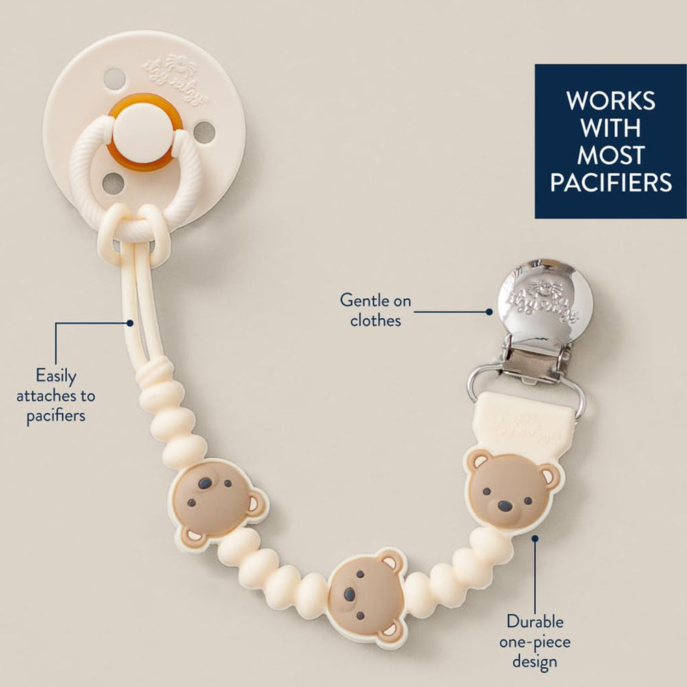Close-up of Itzy Ritzy bear character on silicone clip