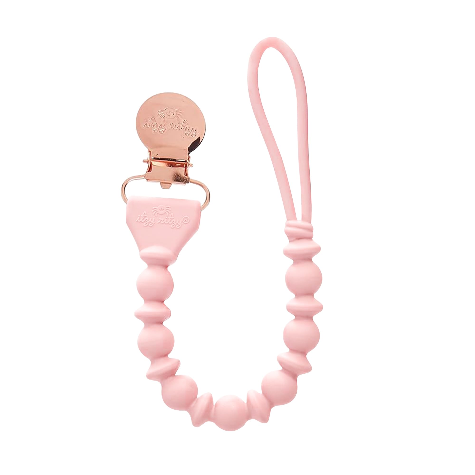 Itzy Ritzy silicone pacifier clip with pink beaded detail keeps pacifiers within reach.