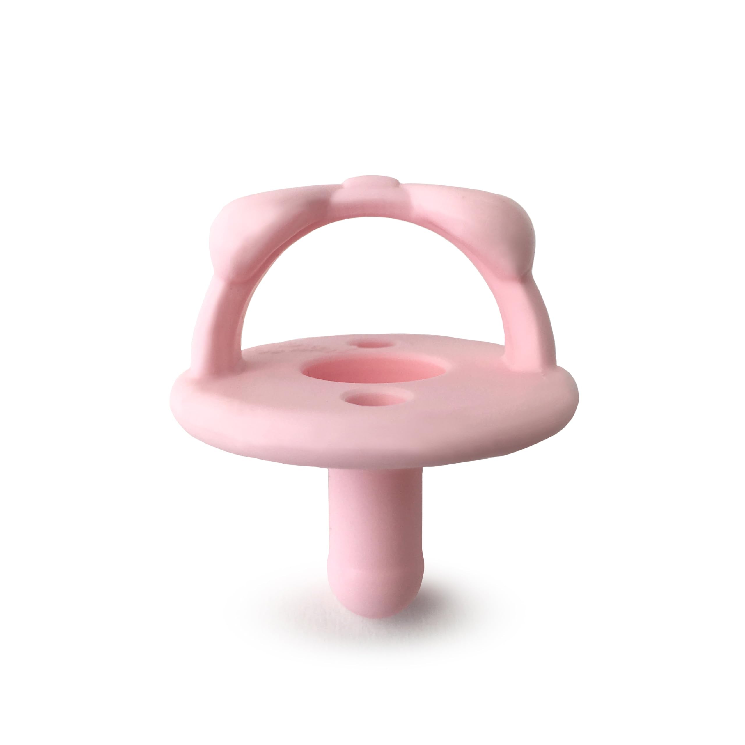 Itzy Ritzy silicone pacifier with collapsible handle in dark pink showing two air holes for safety.