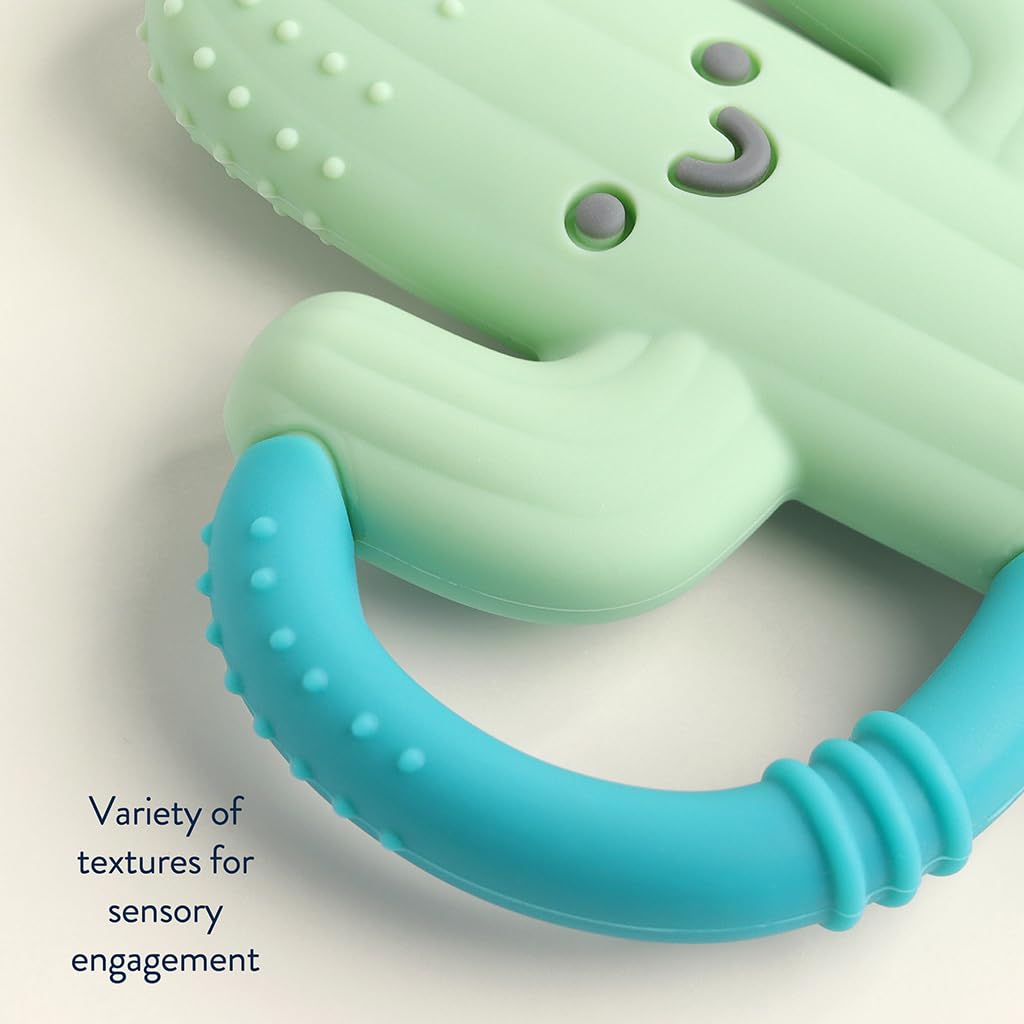 Itzy Ritzy teether design encourages grabbing, supporting early fine motor development.