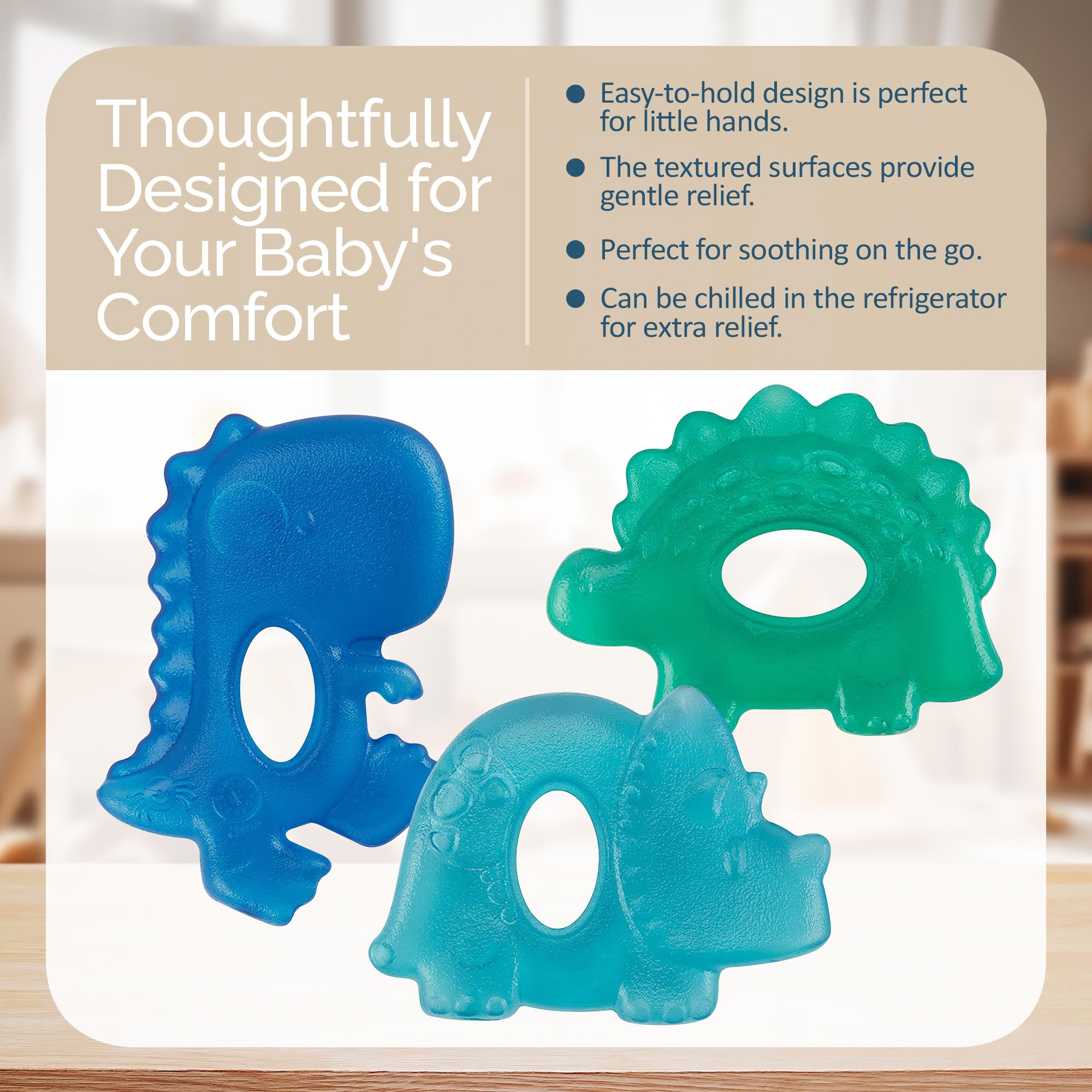 Itzy Ritzy green dinosaur teether with open grip supports small-hand teething sessions.