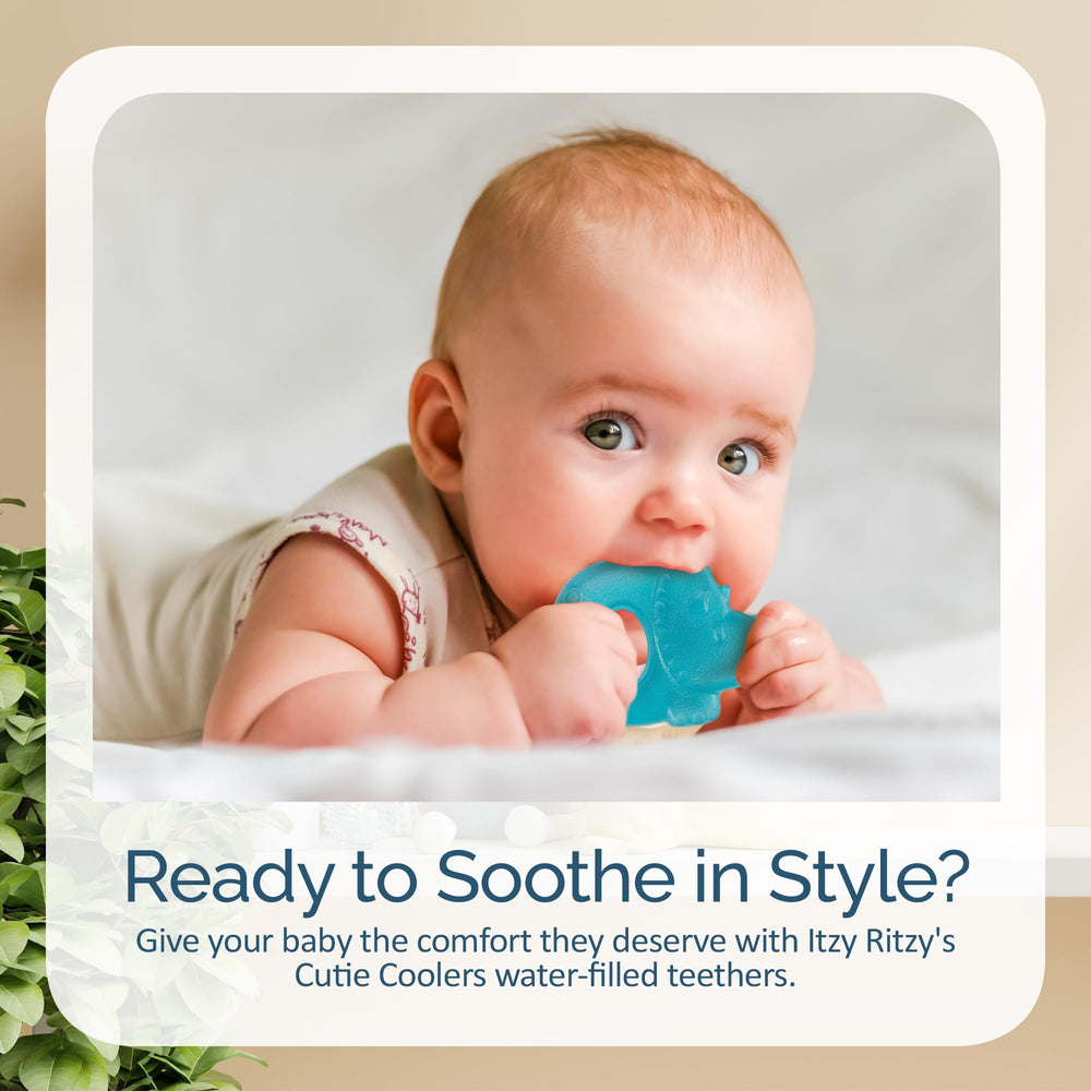 Itzy Ritzy lake blue teether offers cooling relief when rested in the fridge.