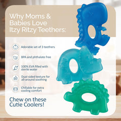 Itzy Ritzy water-filled teether in coral pattern provides chill relief for emerging teeth.
