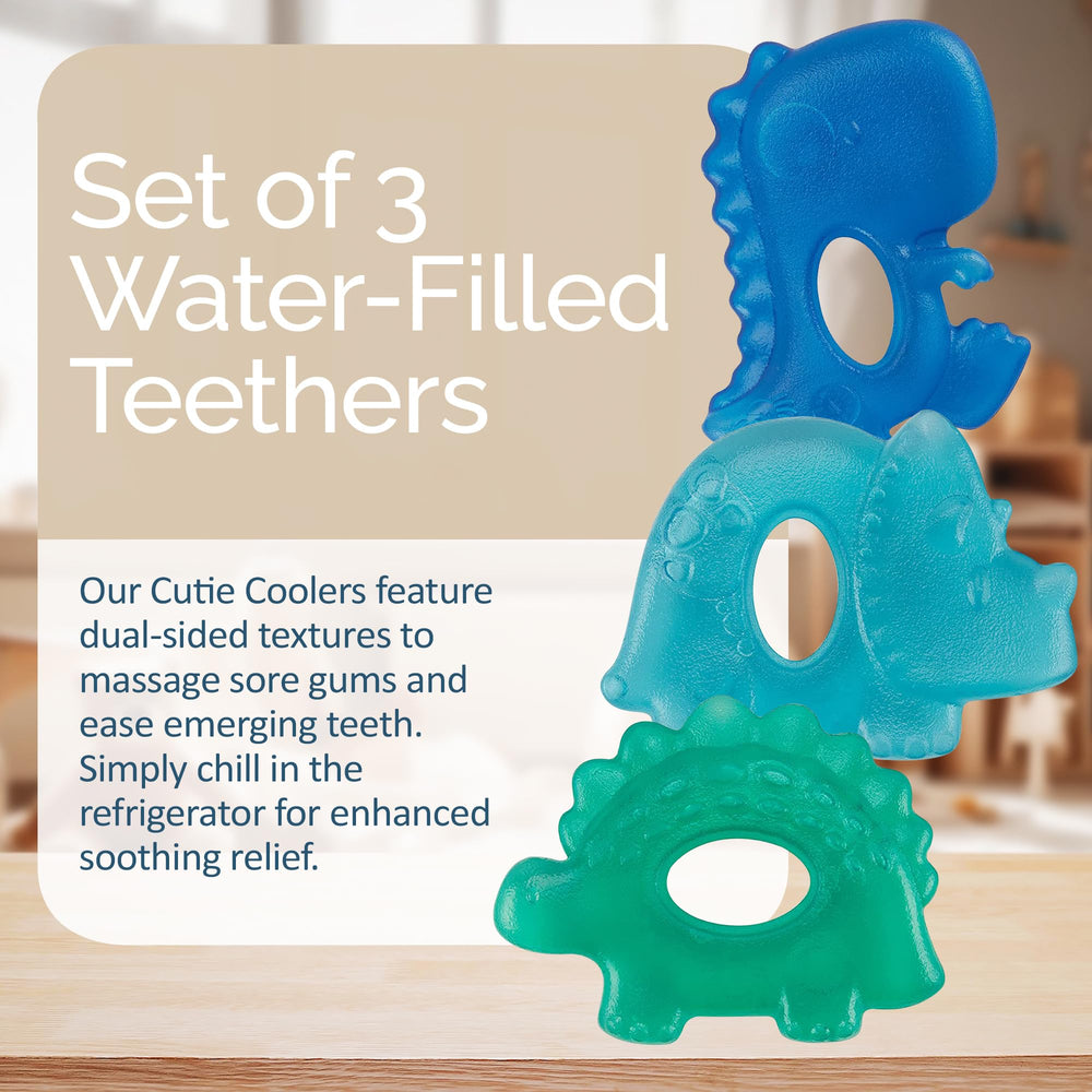 Itzy Ritzy dinosaur teal teether with dual textures eases sore gums during teething.