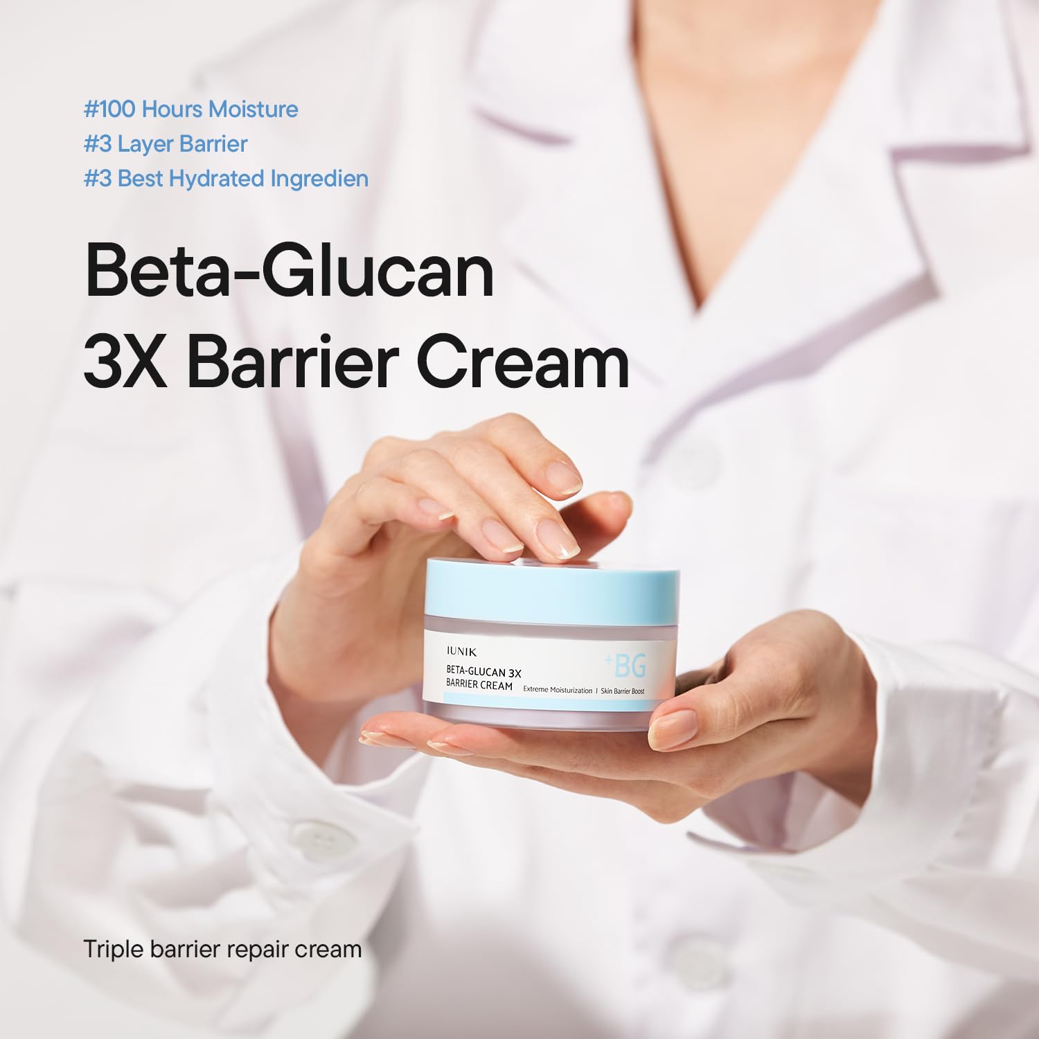 IUNIK Beta-Glucan Non-Sticky Deep Moisture Cream jar closeup showing smooth texture for quick absorption.