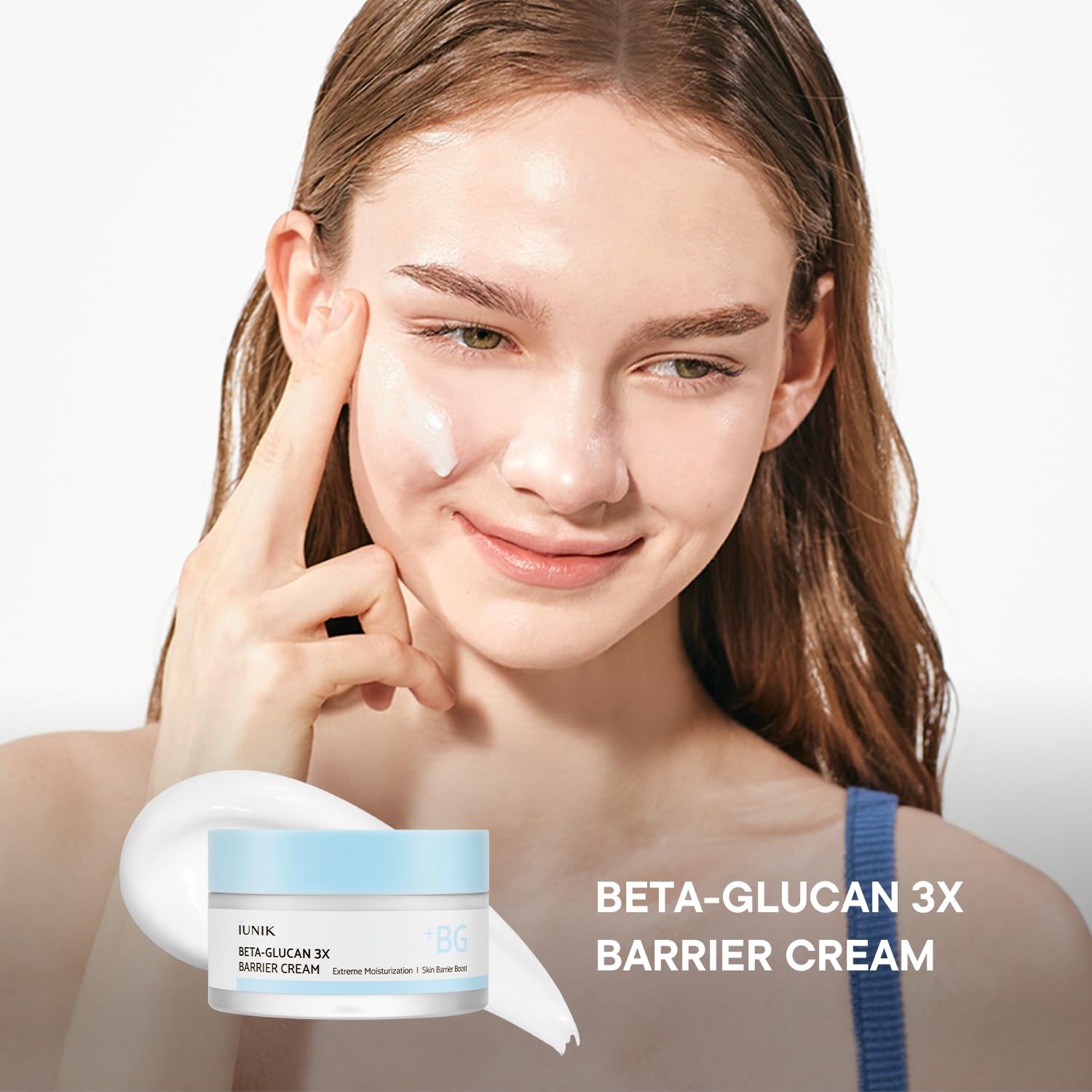 IUNIK Beta-Glucan Non-Sticky Deep Moisture Cream applied to a calm, hydrated complexion.