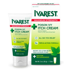 Ivarest Poison Ivy Itch Cream tube demonstrates fast-acting relief for itchy skin.
