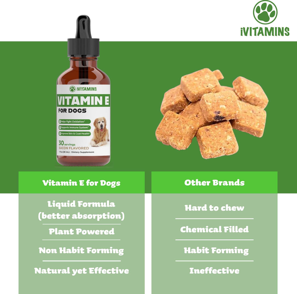 Bacon-flavored drops from iVitamins Vitamin E for Dogs for enticing administration