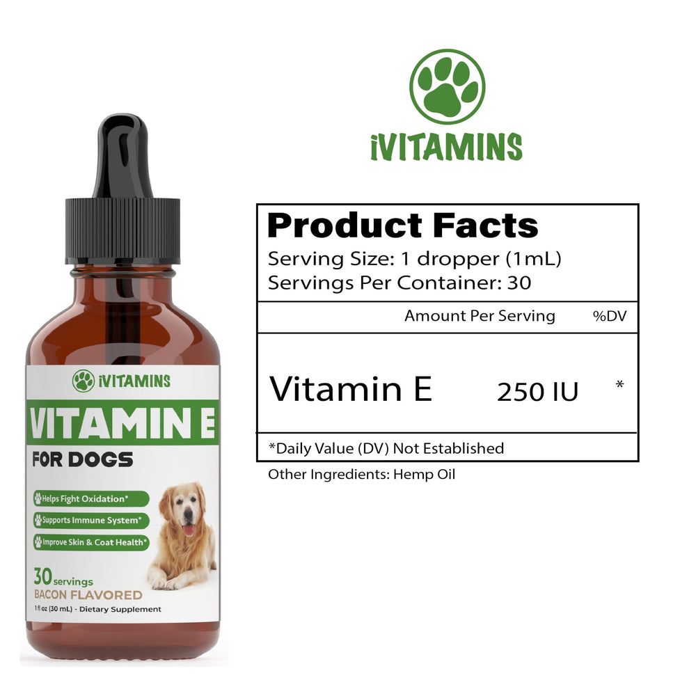 Close-up of iVitamins Vitamin E Drops for Dogs highlighting fast absorption
