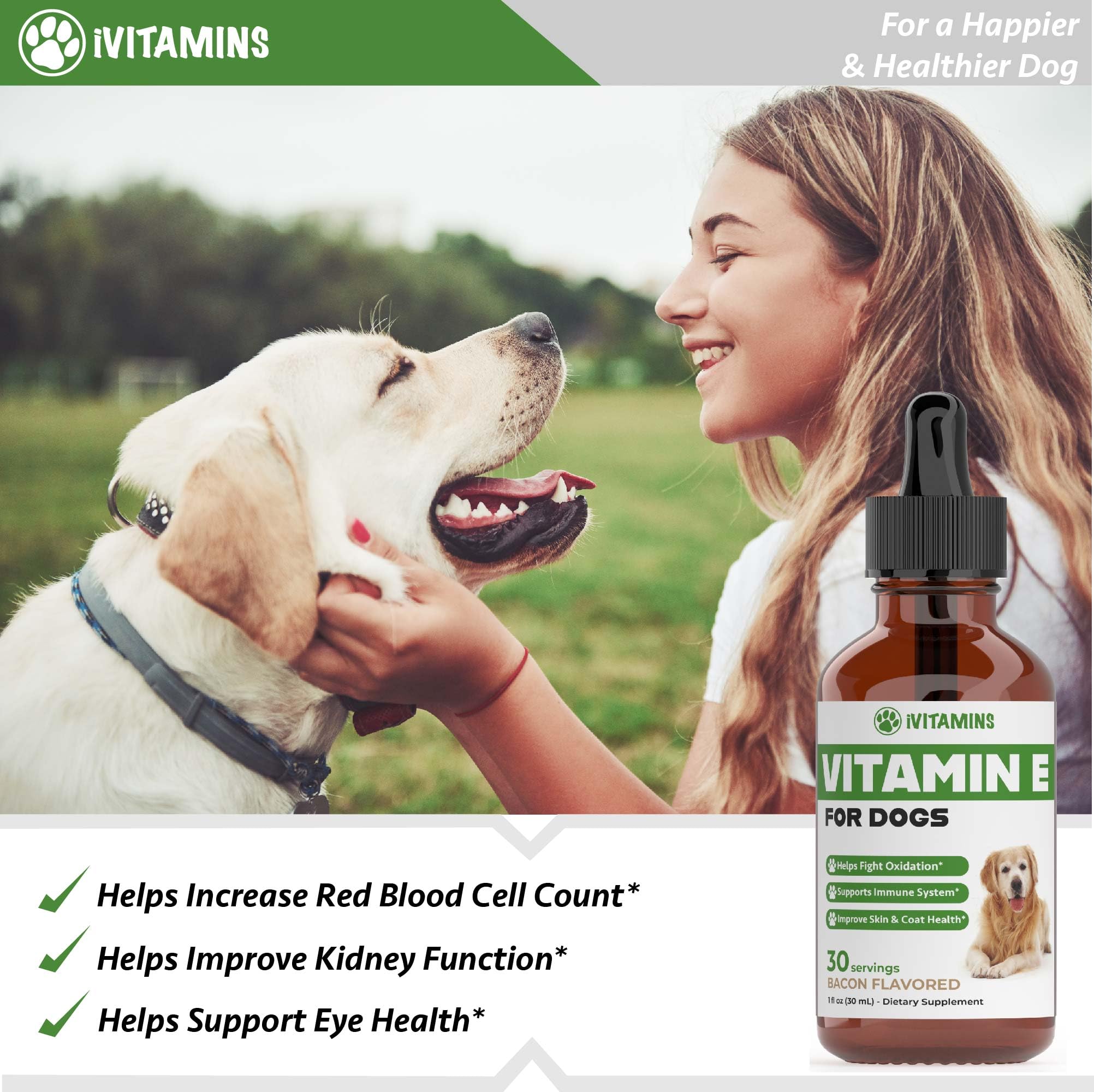 iVitamins Vitamin E for Dogs label showing cruelty-free and USA-made quality