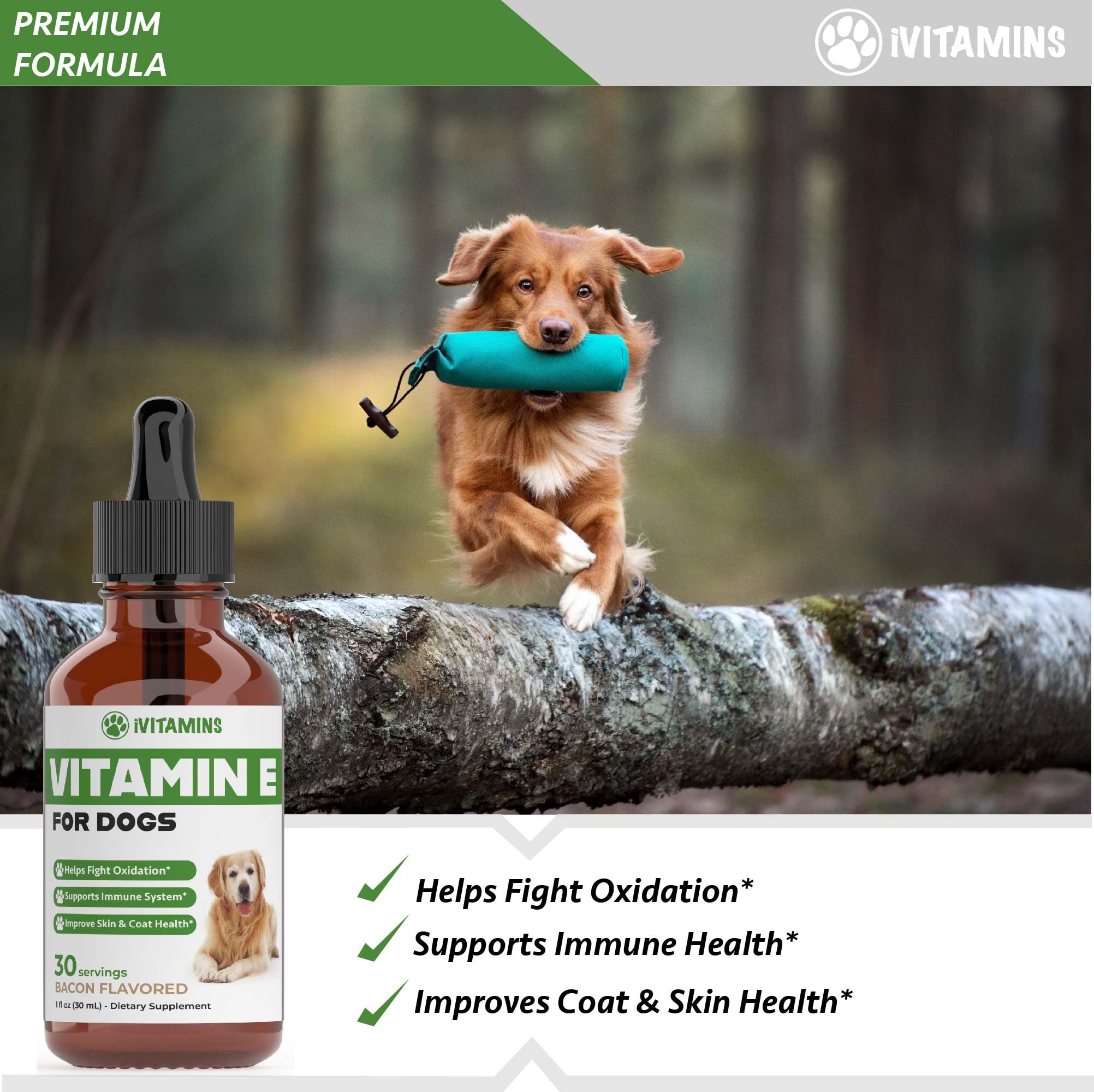 iVitamins Vitamin E for Dogs bottle being poured into a spoon for dosing