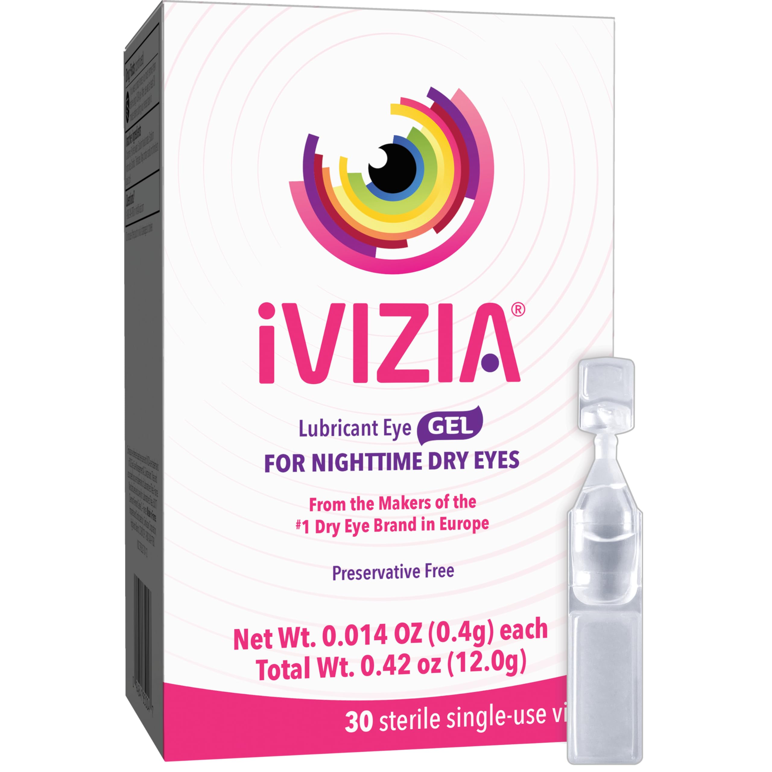 iVIZIA Eye Gel for nighttime overnight use in a single-use vial provides lasting moisture.