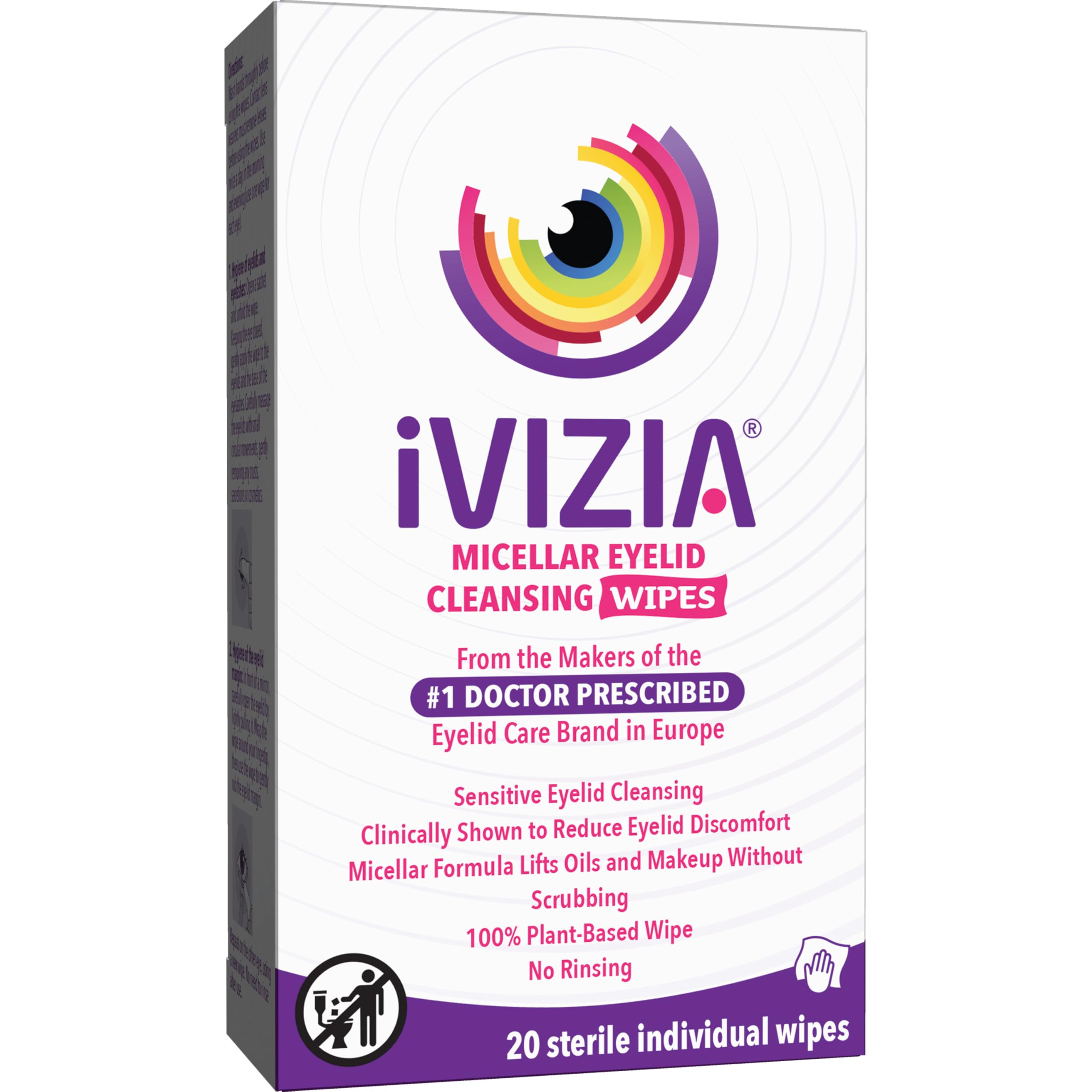 iVIZIA eyelid cleansing wipes packaging shows sterile single-use for on-the-go comfort.